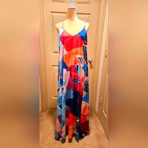 Nicole Miller Abstract Satin Print Multicolor Maxi Dress Sz XL